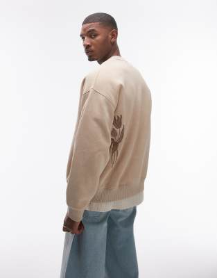 Topman - Felpa oversize color pietra con ricamo floreale sul davanti e sul retro