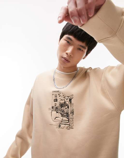 Topman - Felpa oversize color pietra con ricamo