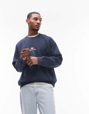 Topman - Felpa oversize con ricamo a fiori blu navy slavato