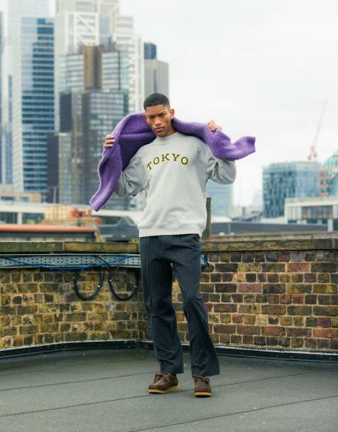 Topman - Felpa oversize grigio mélange con applicazione "Tokyo" ricamata - view 1