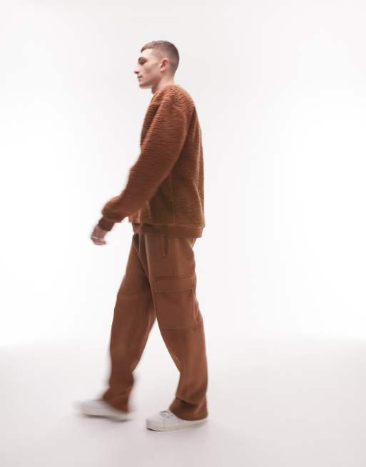 Topman - Felpa oversize in pile borg marrone