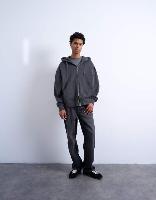 Topman - Felpa oversize in tessuto pesante color antracite con cappuccio e zip, 2 di 5