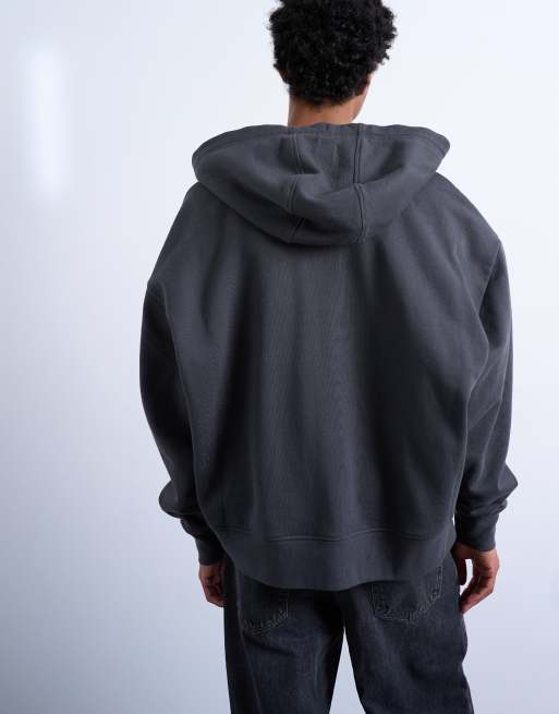 Topman - Felpa oversize in tessuto pesante color antracite con cappuccio e zip, 3 di 5