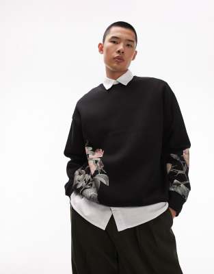 Topman - Felpa oversize nera con fiori stampati