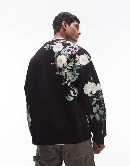 Topman - Felpa oversize nera con fiori stampati, 2 di 4
