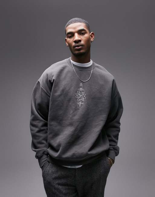 Topman - Felpa oversize nero slavato con ricamo di pugnale e rosa