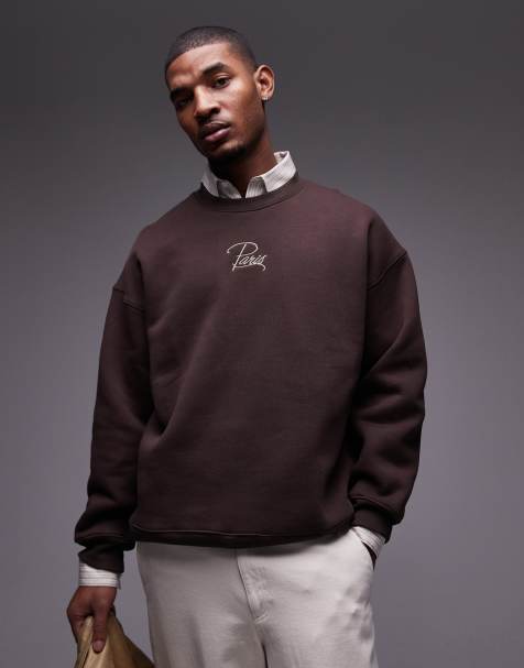 Topman - Felpa oversize pesante marrone con ricamo “Paris” - view 1