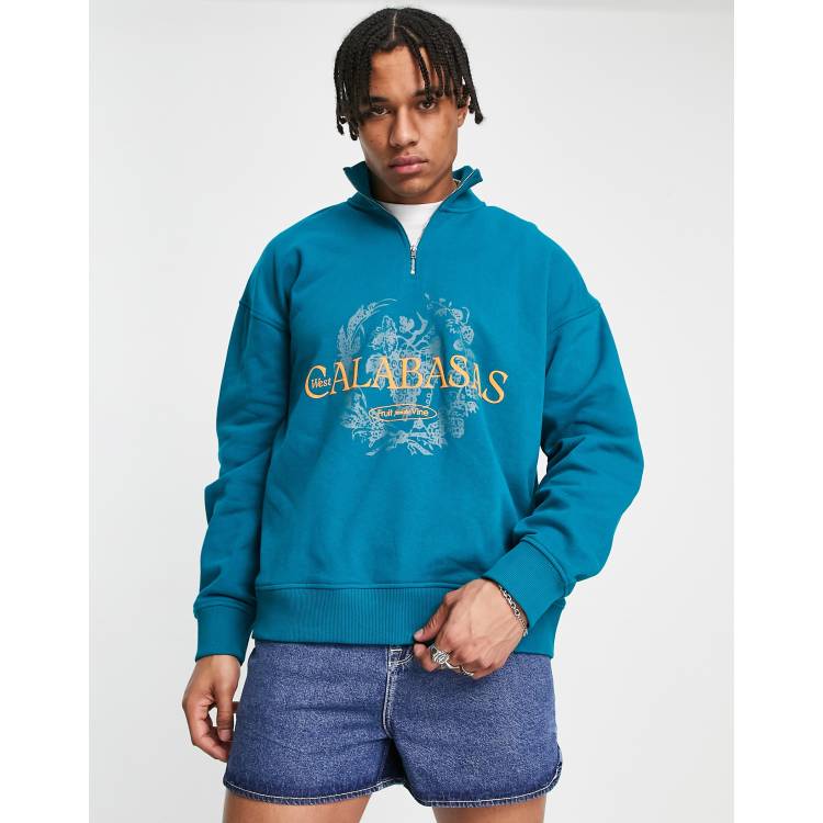 Topman Felpa oversize verde con zip corta e con scritta