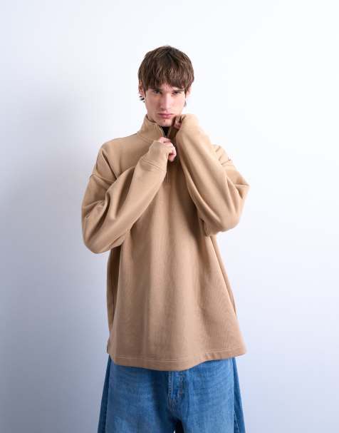 Topman - Felpa pesante oversize color pietra scuro con zip corta - view 1