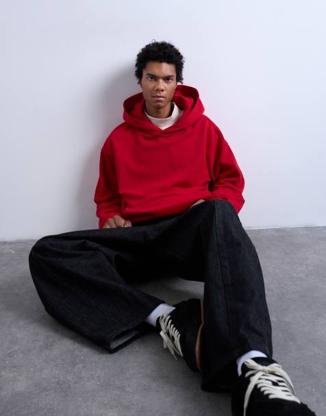 Topman - Felpa pesante oversize rossa con cappuccio e rovescio a ricci - view 1