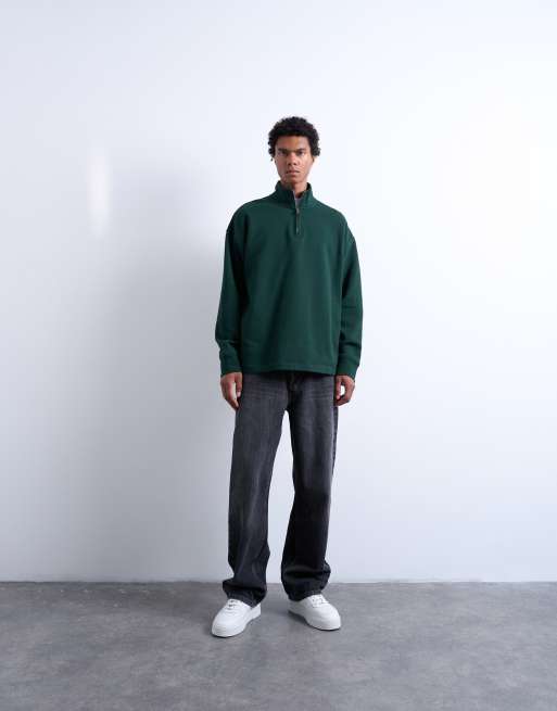 Topman - Felpa pesante oversize verde pino con zip corta, 2 di 5