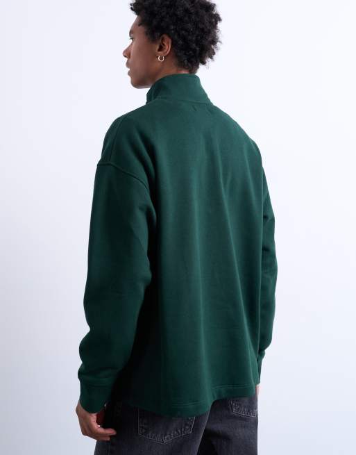 Topman - Felpa pesante oversize verde pino con zip corta, 3 di 5