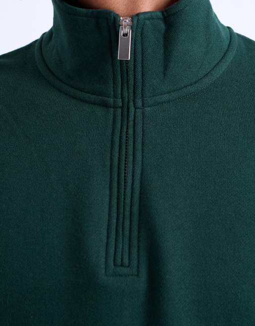 Topman - Felpa pesante oversize verde pino con zip corta, 4 di 5