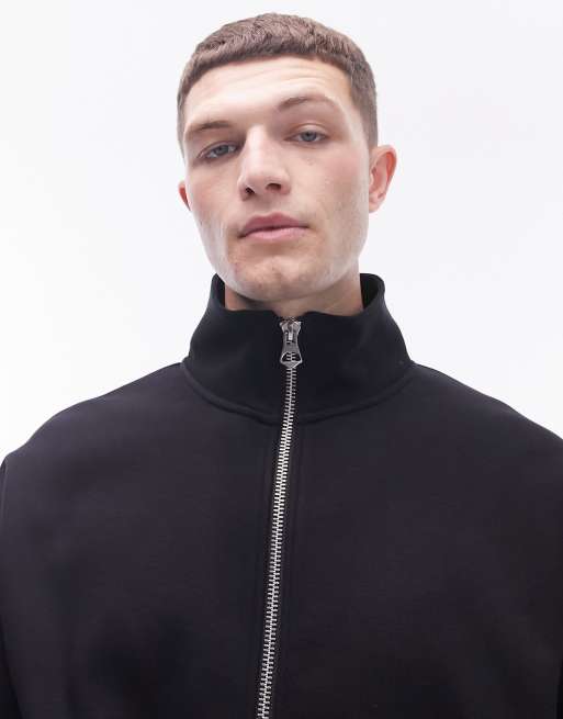 Topman - Felpa pesante premium nera con collo a imbuto e zip, 2 di 4