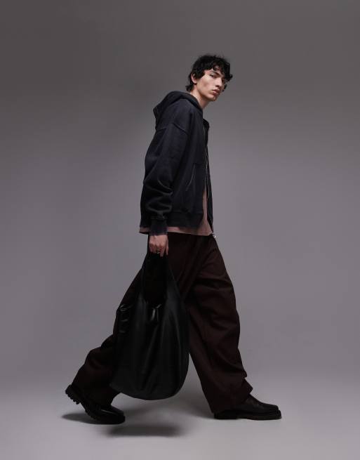 Topman - Felpa pesante premium oversize con cappuccio e chiusura con zip lavaggio nero acido slavato, 3 di 4