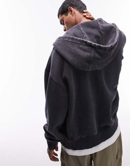 Topman - Felpa pesante premium oversize con cappuccio e chiusura con zip lavaggio nero acido, 4 di 4