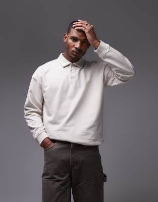 Topman - Felpa stile polo a maniche lunghe oversize in misto lino écru
