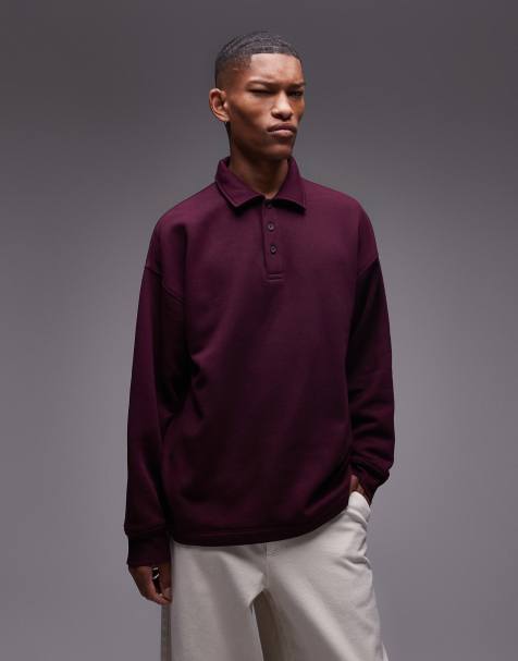 Topman - Felpa stile polo oversize bordeaux a maniche lunghe - view 1