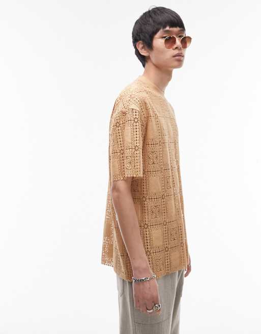 Topman festival oversized crochet t-shirt in camel | ASOS