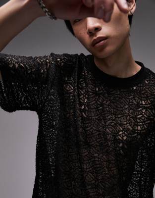 Topman Topman festival oversized fit lace t-shirt in black