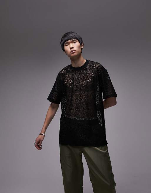 Topman festival oversized fit lace t-shirt in black, 2 of 4