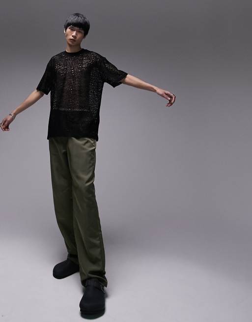 Topman festival oversized fit lace t-shirt in black, 3 of 4