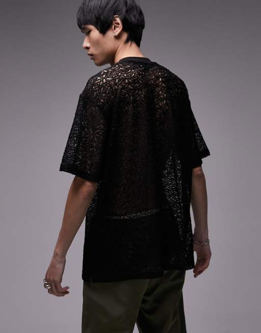 Topman festival oversized fit lace t-shirt in black, 4 of 4