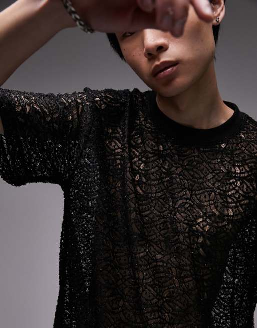 Topman oversized mesh long sleeve t-shirt in black