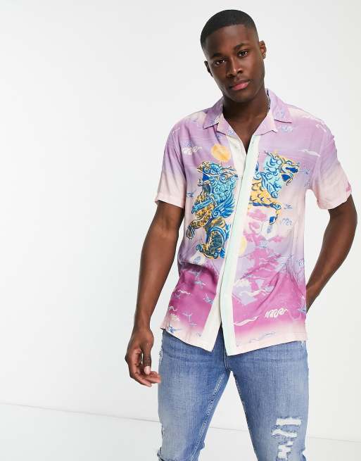 Topman – Fioletowa koszula z krótkim rękawem i nadrukiem ze smokiem 