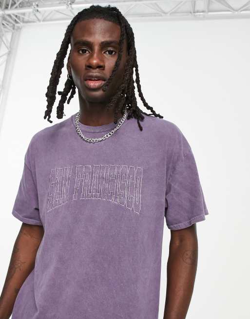 Topman – Fioletowy T-shirt oversize z efektem sprania i wyhaftowanym napisem „San Francisco”