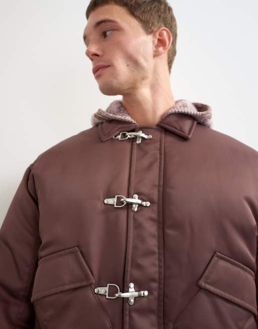 Topman fireman clasp padded bomber jacket in burgundy, 3 of 5