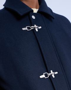 Model wearing Fireman clasp wool blend jacket in navy