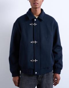 Model wearing Fireman clasp wool blend jacket in navy