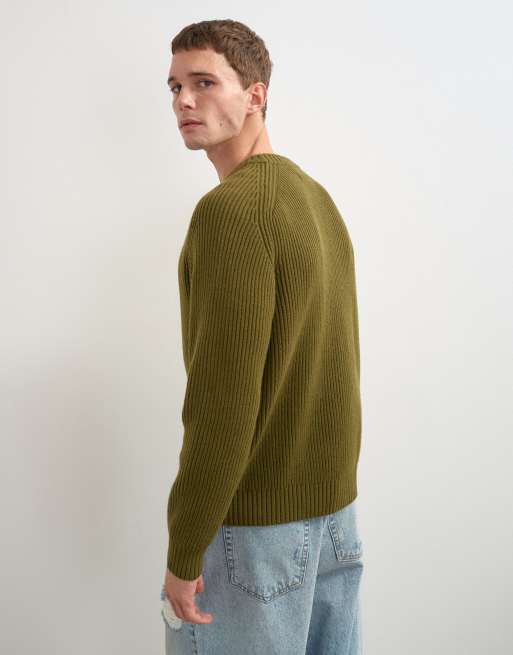 Topman fisherman rib knit sweater in khaki, 2 of 5