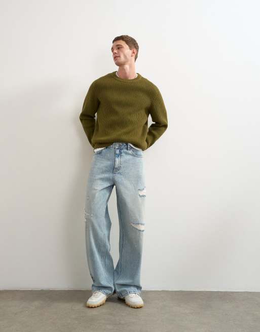 Topman fisherman rib knit sweater in khaki, 3 of 5