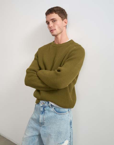 Topman fisherman rib knitted jumper in khaki - view 1