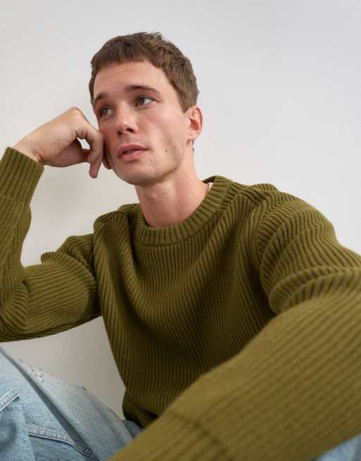 Topman fisherman rib knitted jumper in khaki, 4 of 5