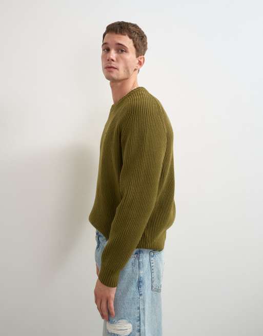 Topman fisherman rib knitted jumper in khaki, 5 of 5