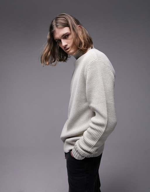 Topman fisherman roll neck jumper in stone, 2 of 4