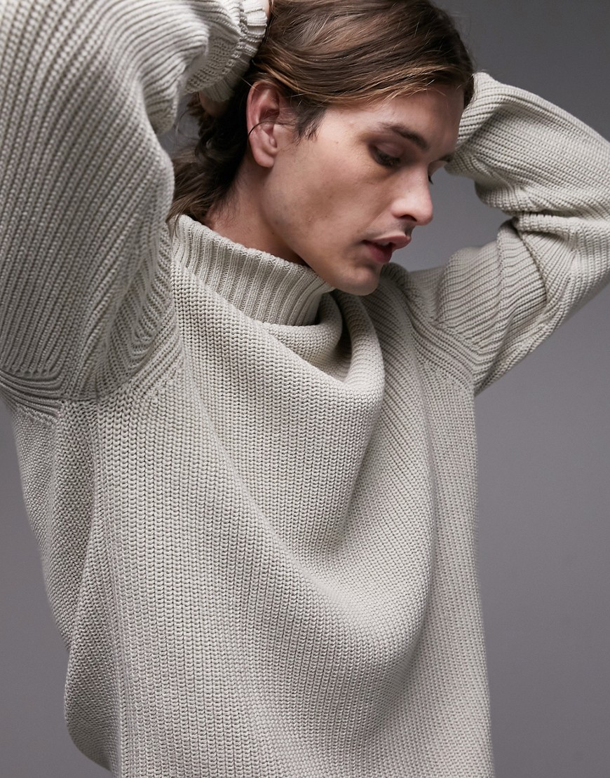 Topman Oversized Knitted Funnel Neck Sweater In Stone-neutral