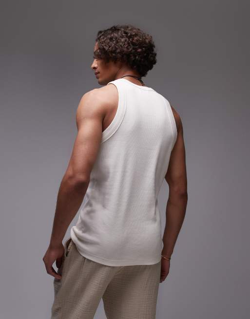 Topman fitted rib knit tank top with high neck in ecru