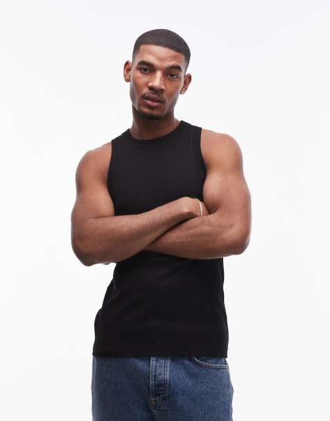 Topman fitted rib singlet with high neck in black - view 1