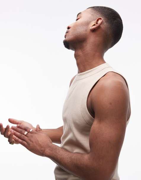 Topman fitted rib singlet with high neck in stone - view 1