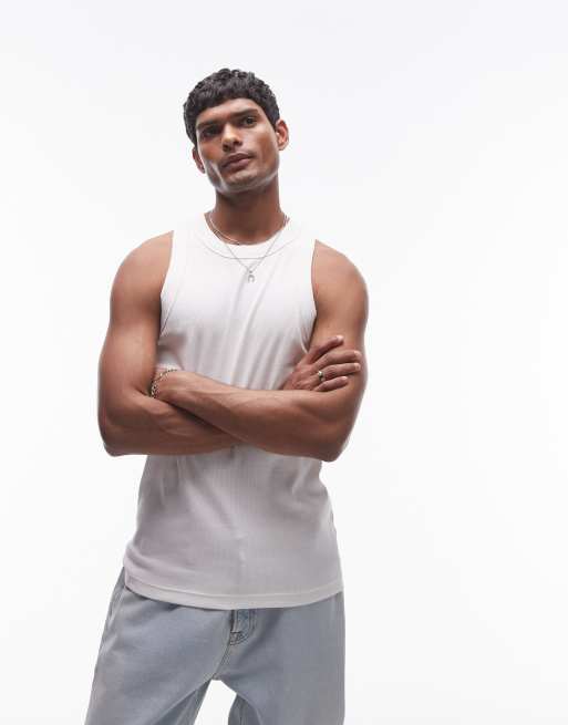 Topman fitted rib singlet with high neck in white