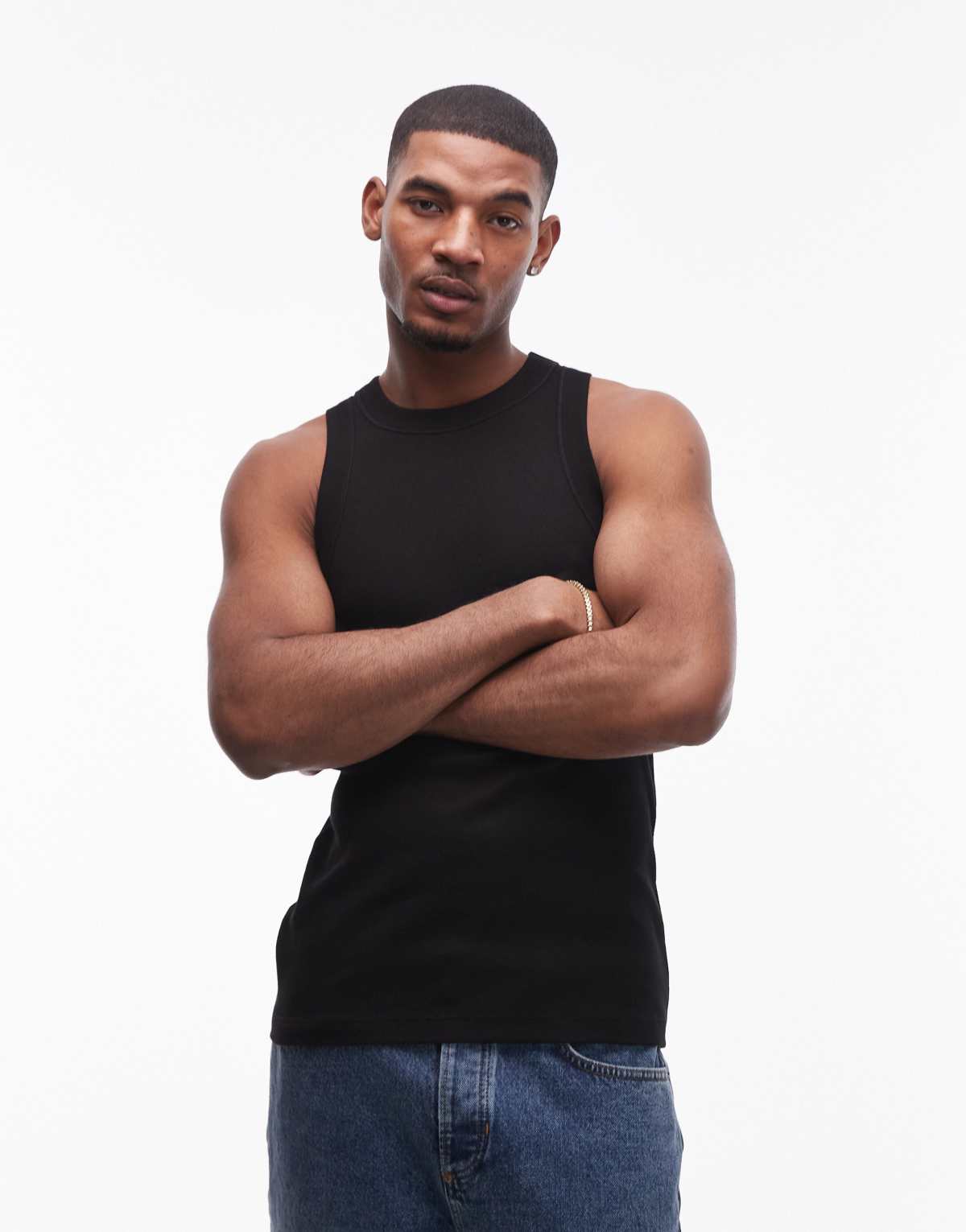 Topman fitted rib vest with high neck in black