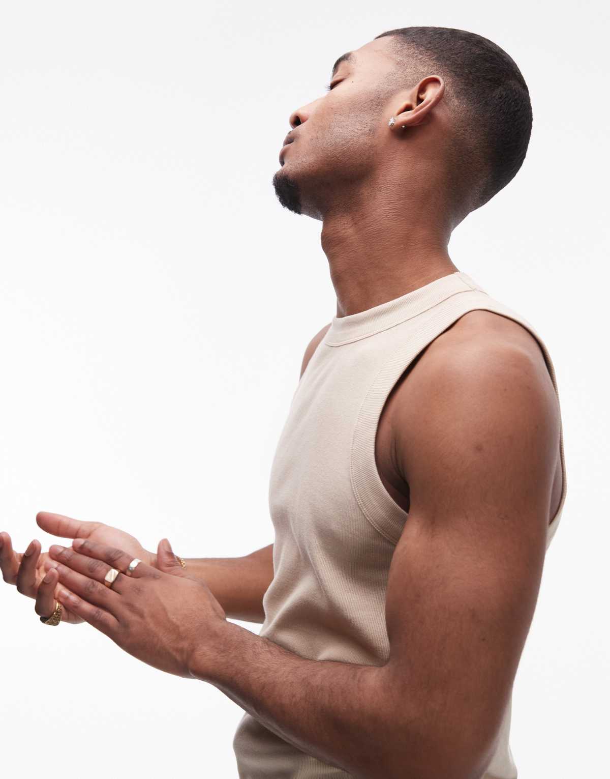 Topman fitted rib vest with high neck in stone