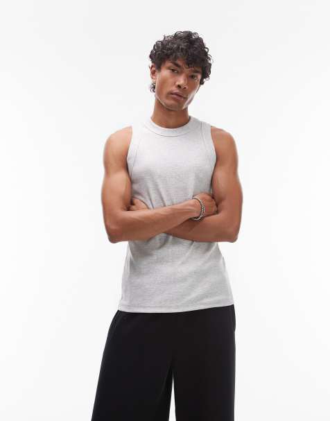Topman fitted ribbed tank top with high neck in gray heather - view 1