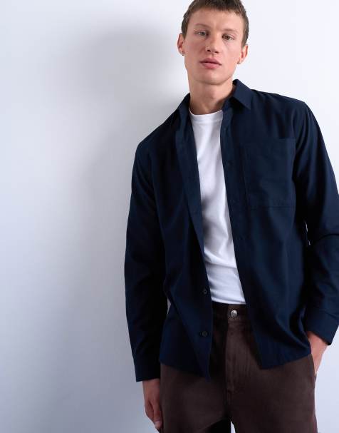 Topman - Flanellen regular-fit overhemd in marineblauw - view 1