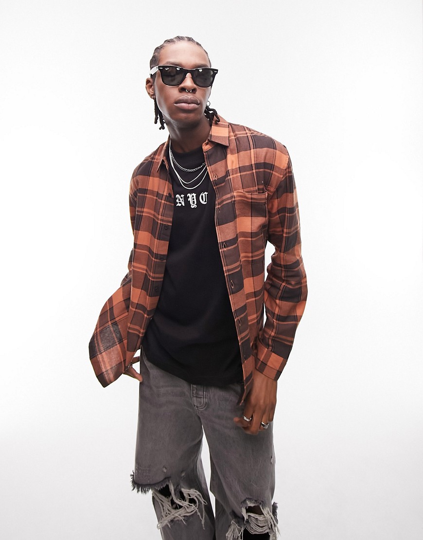 Topman flannel check shirt in brown
