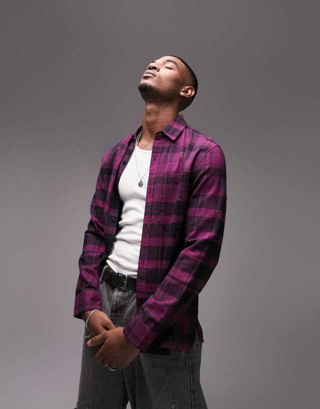 Topman flannel check shirt in purple